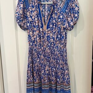 Current Air Blue and Orange Floral Short Sleeve Dress With Smocked Waist